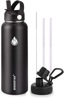 SENDESTAR Stainless Steel Water Bottle, Wide Mouth 32 oz Water Bottle with Straw Lid, Spout Lid, Double Wall Vacuum Insulated Leak Proof, Keeps Liquids Hot or Cold (Black)