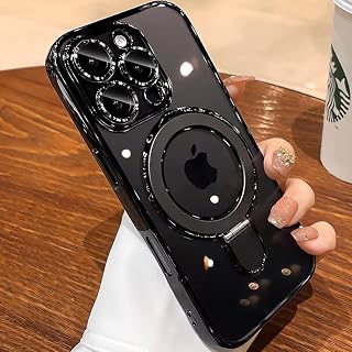 QSIETSPY Magnetic Case for iPhone 15 with Invisible Stand [Military Drop Protection][Compatible with MagSafe] Full Camera Protection Clear Soft TPU for iPhone 15 Case 6.1 Inches-Black