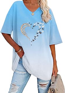 Women Spring Summer Gradient Color Printed Short Sleeve V Neck T Shirt