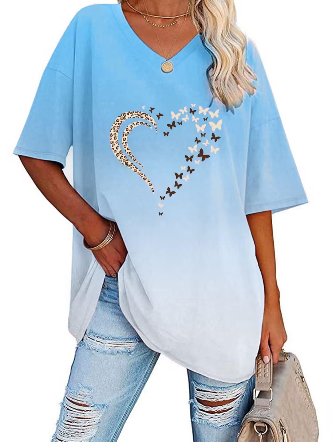 Women Spring Summer Gradient Color Printed Short Sleeve V Neck T Shirt
