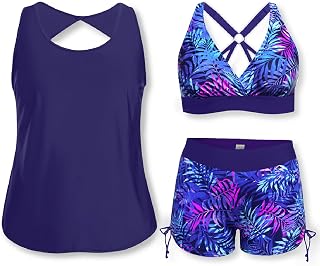 Holipick Women 3 Piece Plus Size Tankini Swimsuits Tummy Control Bathing Suits with Sports Bra with Boy Shorts