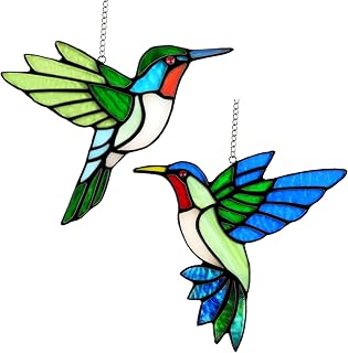 2 Pcs Hummingbird Stained Glass Window Hanging Suncatchers,Gifts For Women | Handmade Copper Foil Art,Birthday Anniversary Gift For Mom Grandma Wife Mother In Law,Bird Lovers Sun Catcher Decor,6 Inch