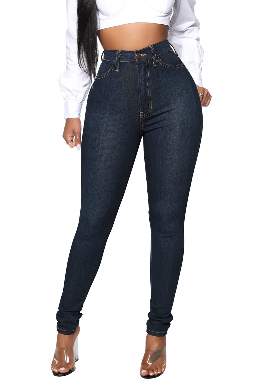 KUNMI Womens Classic High Waisted Skinny Stretch Butt Lifting Jeans Slim Fit Den