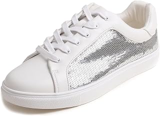 Feversole Women's Fashion Sparkle Sequin Lace Up,PU Leather Lace Up Sneakers For Women…