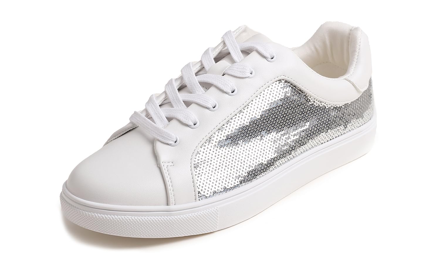 Feversole Women's Fashion Sparkle Sequin Lace Up,PU Leather Lace Up Sneakers For