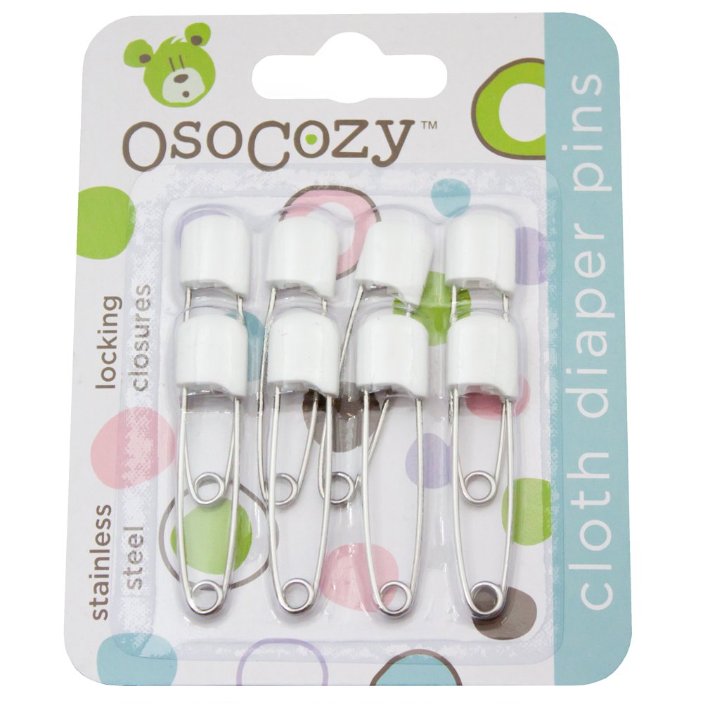 OsoCozy Diaper Pins - 8 Pack White - Sturdy, Stainless Steel Diaper Pins with Sa
