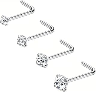 4 PCS 20G Nose Studs ,1.5mm 2mm 2.5mm 3mm Nose Rings, Hypoallergenic Stainless Steel L Shaped Nose Stud Sterling Silver, Tiny CZ Crystal Diamond Small Nose Stud, Plain Nose Studs, Nose pins for Women