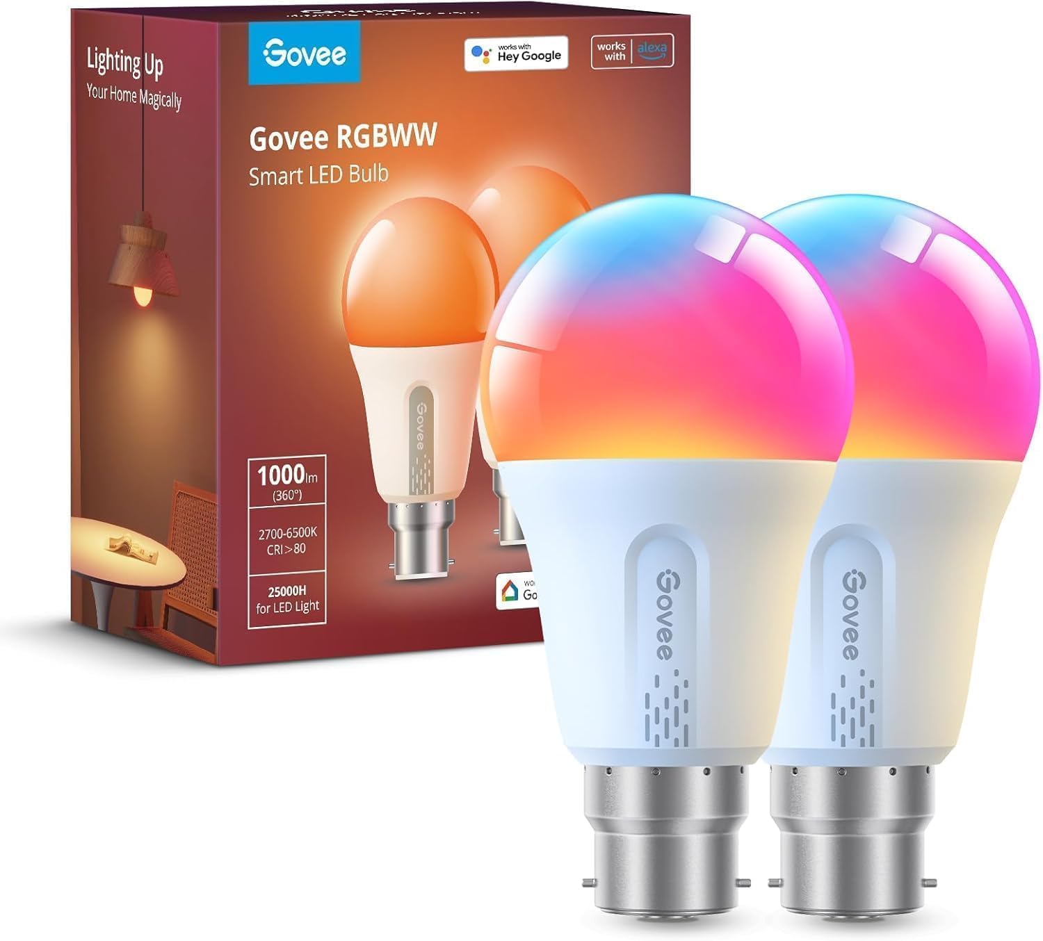 Govee Smart Bulb RGBWW, 1000lm Wi-Fi LED Bulbs B22, Smart Light Dimmable, DIY 16