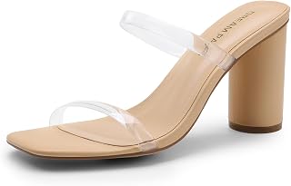 DREAM PAIRS Women's Square Open Toe Block Heels Two Strap Slip On High Heeled Slides Sandals