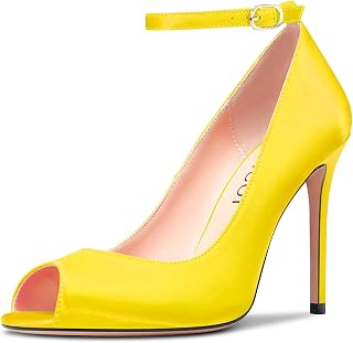 Aachcol Women's High Heel Pumps with Open Toe Ankle Strap, Dress Shoes, Wedding Party, Satin 10 cm