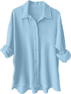 Womens Gauze Shirts Button Down Dress Shirts Casual Short Sleeve Textured Collared Summer Work Blouse Camping Clothes