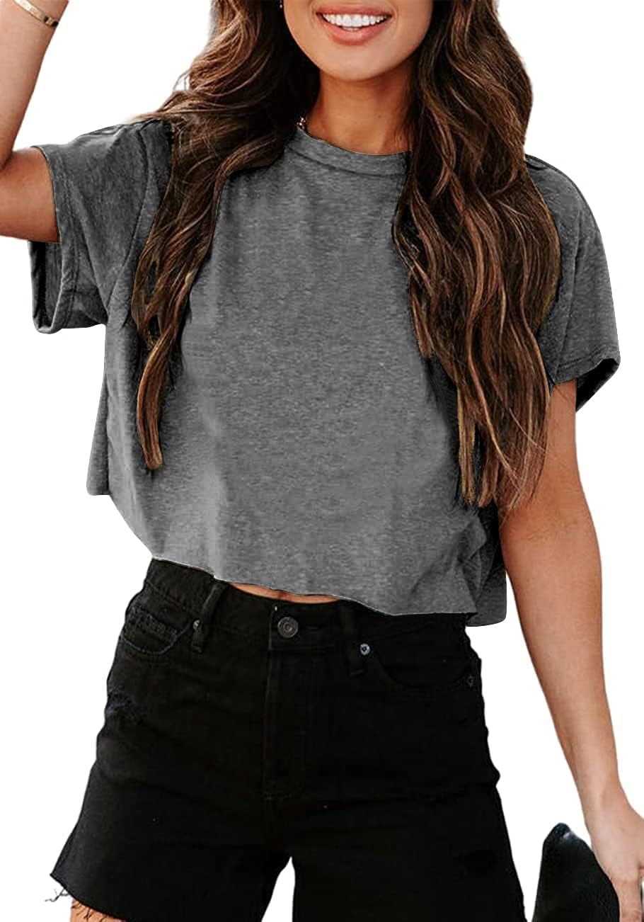 Tankaneo Women's Oversized Crop T-Shirt with Crew Neck