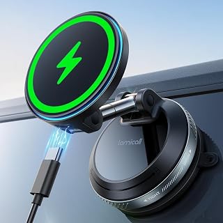 Lamicall for MagSafe Car Mount Charger, 15W Magnetic Wireless Car Charger, 70 Lbs Vacuum Suction Cup Phone Mount 360° Adjustable with Dual USB-C Ports, for iPhone Duo 18 Pro Max 17 16 15 14 - Black