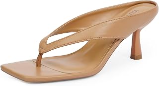 VIUGJNEX Chanclas de tacón de gatito para mujer, sin cordones, puntera abierta, tacones bajos, tanga, cuadrada, para verano, moda, fiesta, sandalias elegantes para mujer, Desnudo/, 38.5 EU