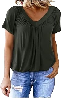 Hnodov Womens V Neck T Shirts Short Sleeve Summer Casual Shirt Banded-Bottom Loose Fit Basic Tops Pleated Blouse