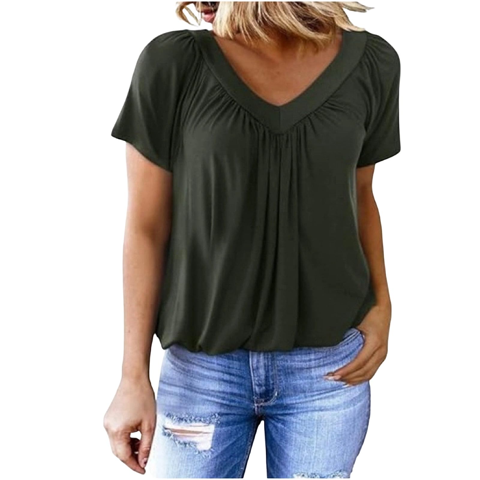 Hnodov Womens V Neck T Shirts Short Sleeve Summer Casual Shirt Banded-Bottom Loo