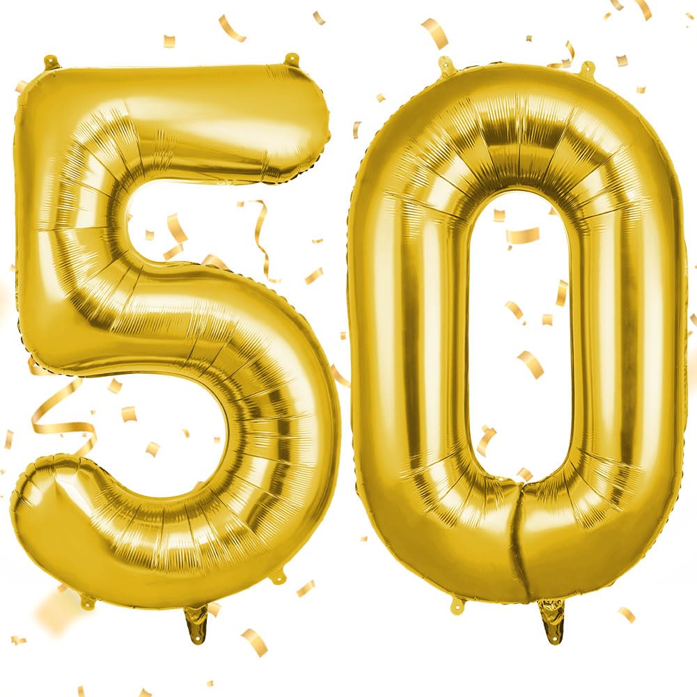 OFFCUP Gold Number 50 Balloons, 40 Inch Large Foil Number 5 & 0 Balloons | Self 