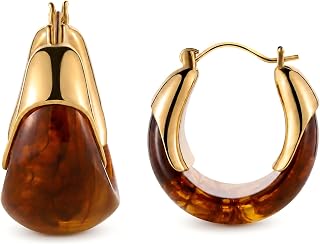 14k Gold Plated Amber Resin Hoop Earrings for Women Trendy, Hypoallergenic Chunky Gold Earrings Jewelry Gifts for Sensitive Earlobes