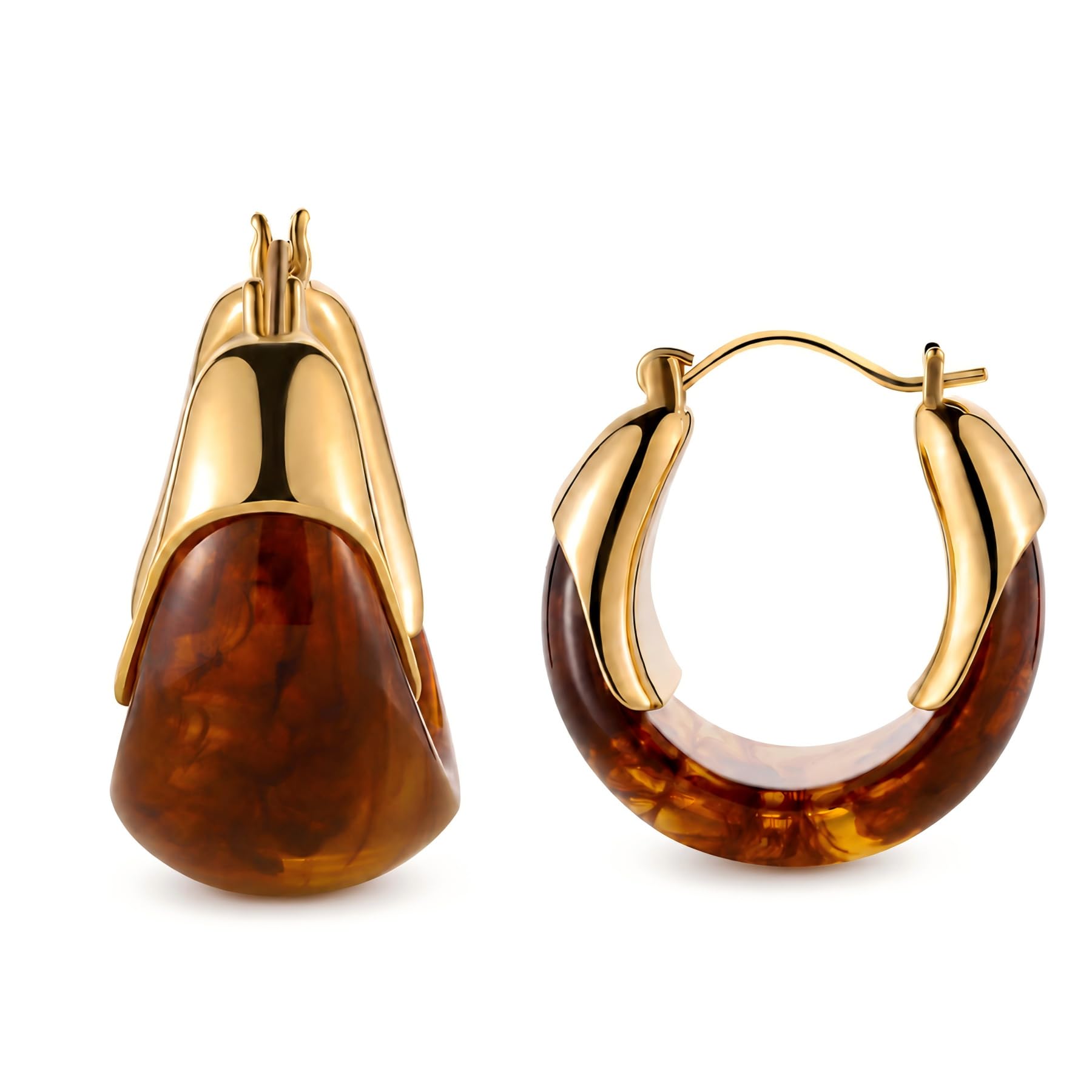 14k Gold Plated Amber Resin Hoop Earrings for Women Trendy, Hypoallergenic Chunk