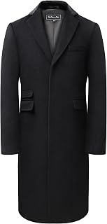 Men's Black 70% Wool Covert Overcoat, Velvet Collar, Red Satin Lining