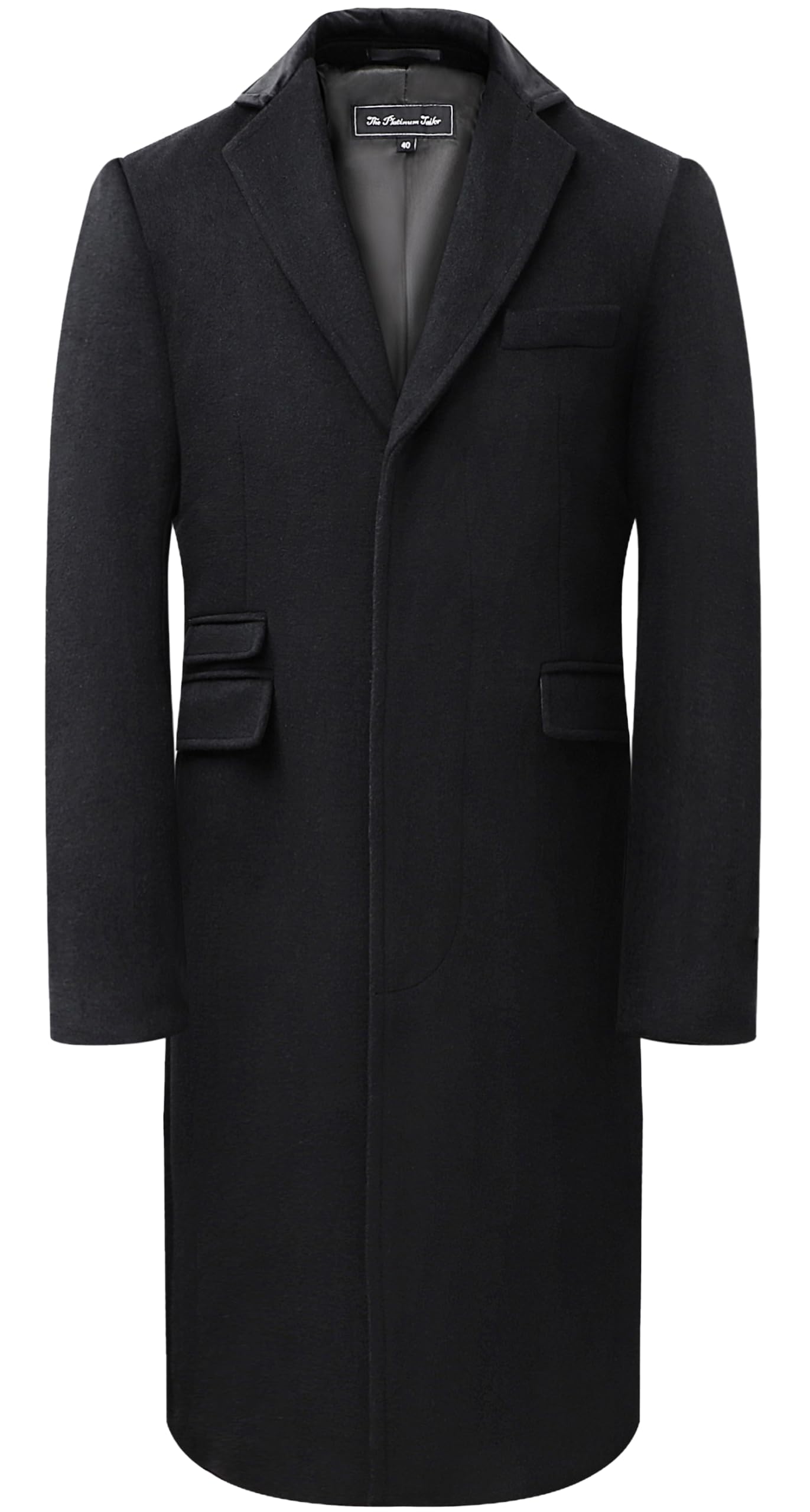 Men's Black 70% Wool Covert Overcoat, Velvet Collar, Red Satin Lining