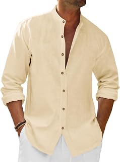 Men's Casual Linen Shirt 3/4 Sleeve Button Down Collar Summer Beach Shirt