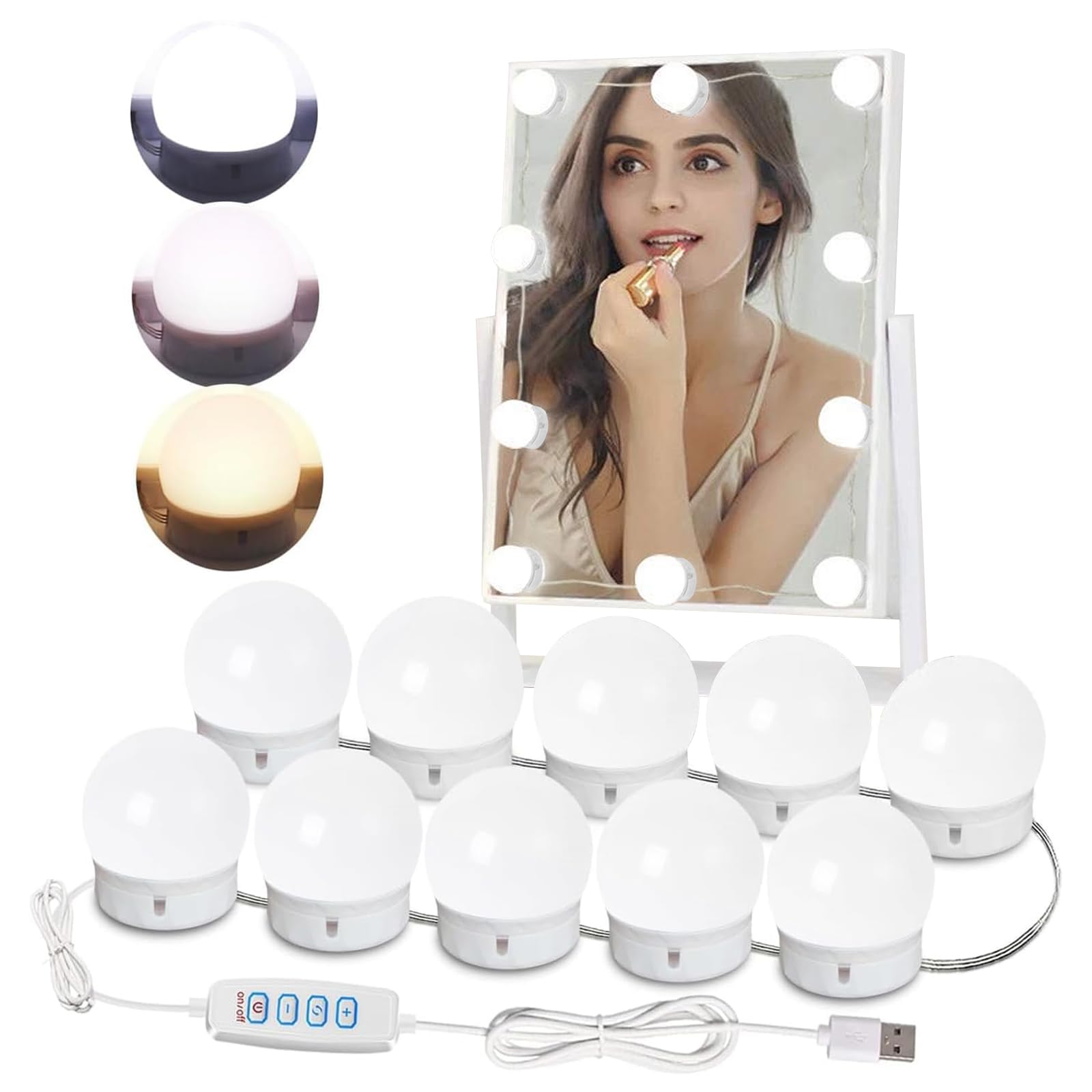 PCKOBEVER Hollywood Make-up Mirror Lights, 10 Bulbs | USB Powered, 3-Colour Mode