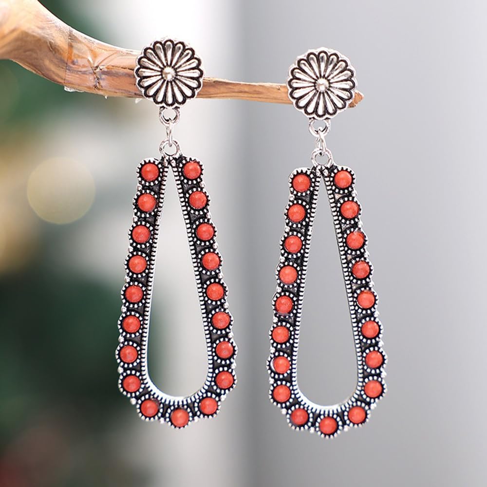 Vintage Western Ethnic Style Ancient Silver Red Turquoise Dangle Earrings Retro 