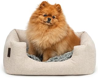 lionto Dog Basket with Fluffy Reversible Cushion, 60 x 50 cm, Beige