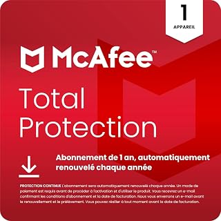 McAfee Total Protection 1 Appareil 2026 | Antivirus, VPN, logiciel de sécurité | Abonnement d'un an, automatiquement renouvelé chaque année | Téléchargement numérique