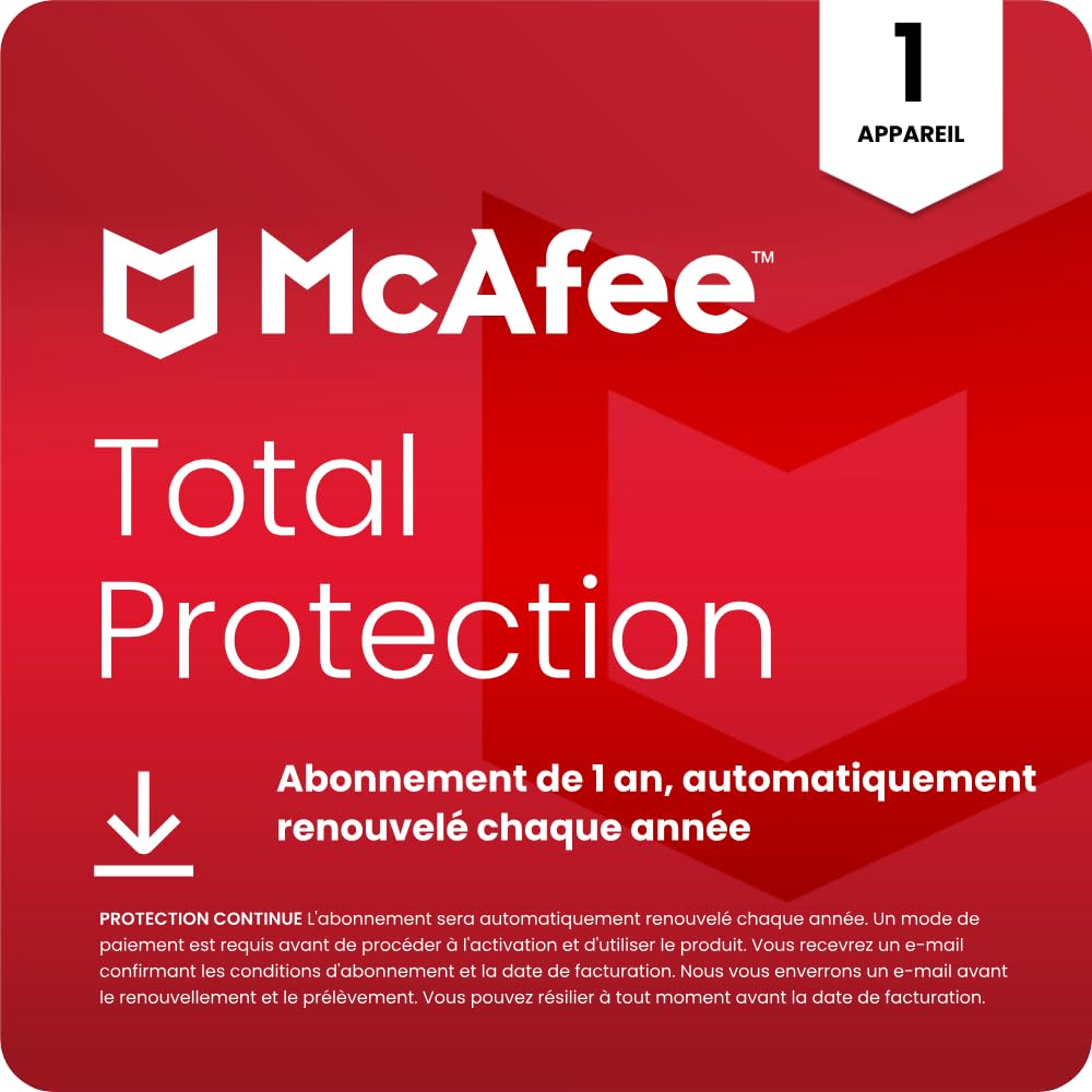 McAfee Total Protection 1 Appareil 2026 | Antivirus, VPN, logiciel de sécurité |