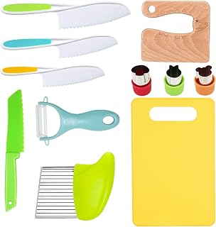 RISICULIS Kids Kitchen Knife, Montessori Kitchen Knife Set for Toddlers | 11Pcs Kids Safe Knife Set for Real Cooking with Wood Plastic Knives Kids Cutting Board, Montessori Gifts for Boys Girls