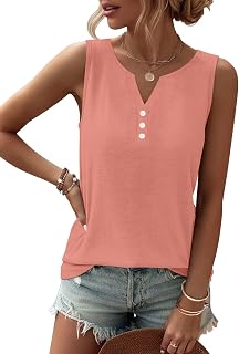 TICTICMIMI 女性用タンクトップ 夏 ノースリーブ ルーズフィット Vネック ボタン Tシャツ ベーシック Tシャツ カジュアル ゆったり トレンディな服