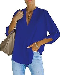 Nonsar Women's Blouse Elegant V-Neck Henley Shirt Blouse Roll-Up Sleeves Loose Blouses