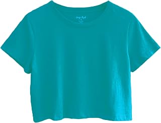 Women's 100% Cotton Boxy Crop Top Round Neck Short Sleeve Casual Cropped Tee T-Shirt