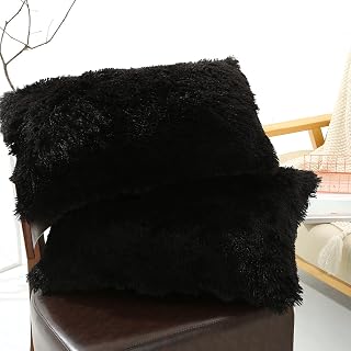 Solid Plush Standard/Queen Pillowcase 2 Pack Super Soft Fluffy Faux Fur Shaggy Pillow Cases/Covers Decorative Throw Pillow Shams with Zipper Closure (20"×30",Black)