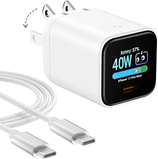 Smart Charging Butler–45W GaN Display Fast Charger with 6.6ft C-to-C Cable | Fast Charging,Active Cooling,90° Foldable Plug,Power Display,Device Recognition,Care Mode,for iPhone 18 Pro Max/17/16,eBook