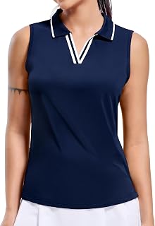 MIER Womens Golf Polo Shirt Sleeveless Dry Fit V Collar Ribbed Athletic Tennis Shirt Breathable