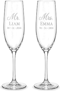 Personalized Mr and Mrs Champagne Flutes Set of 2, Engraved Names and Date