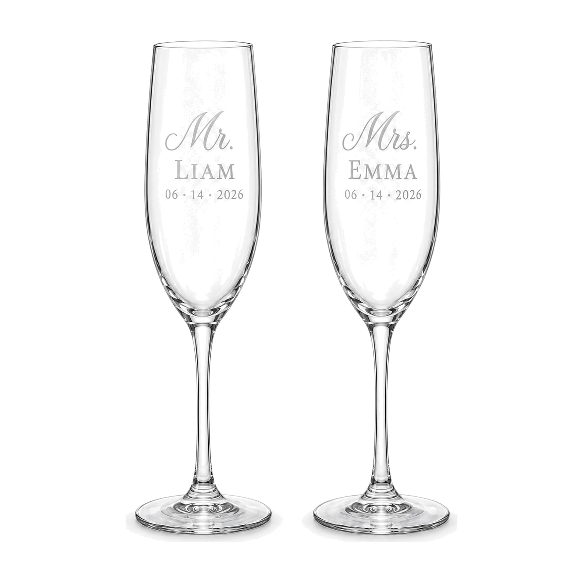 Personalized Mr and Mrs Champagne Flutes Set of 2, Engraved Names and Date