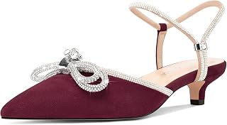 Womens Close Toe Rhinestone Bow Kitten Heels Pointed Toe Low Heel Bow Pumps Adjustable Ankle Strap Bridal Prom Wedding Dress Shoes