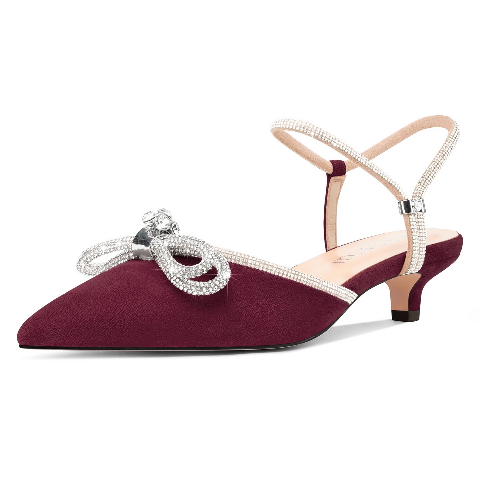 Womens Close Toe Rhinestone Bow Kitten Heels Pointed Toe Low Heel Bow Pumps Adju