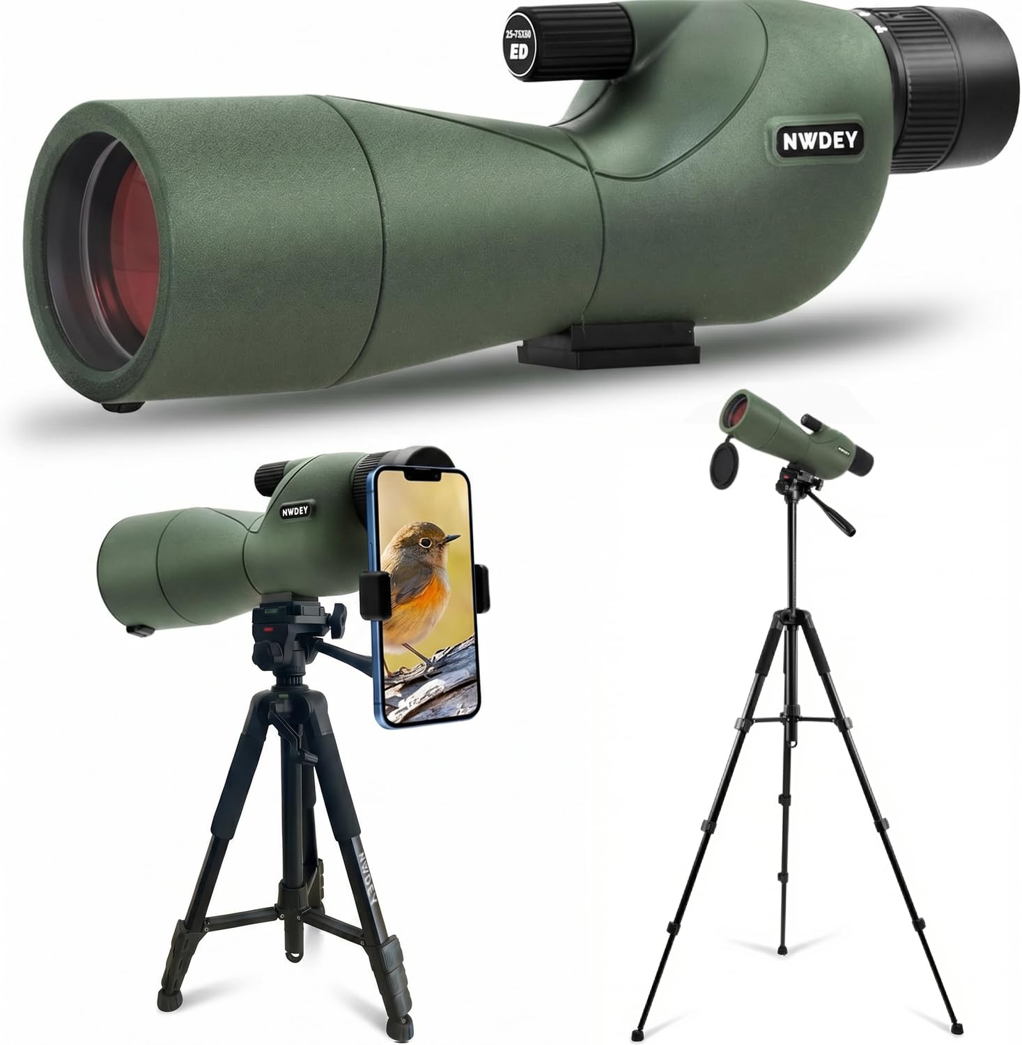 NWDEY 25-75X60 Spotting Scope with Upgraded 60in Tripod, BAK4 Prism & FMC | for 