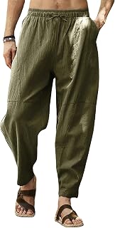 Men's Linen Harem Pants Elastic Drawstring Waist Loose Fit Casual Yoga Beach Trousers with Pockets