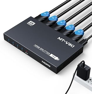 MT-VIKI 4K@60Hz HDMI 2.0 Splitter 1 in 4 Out w/Power Adapter,Mirror Only | 1x4 HDMI Duplicator/Distributor HDR Support EDID HDCP 2.2 RGB 4:4:4 18Gbps-Adapter Included (4 Ports)