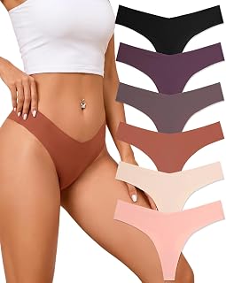 FINETOO Seamless Thong for Women Sexy Invisible Panties V-Waist Stretch Underwear Women 6 Pack