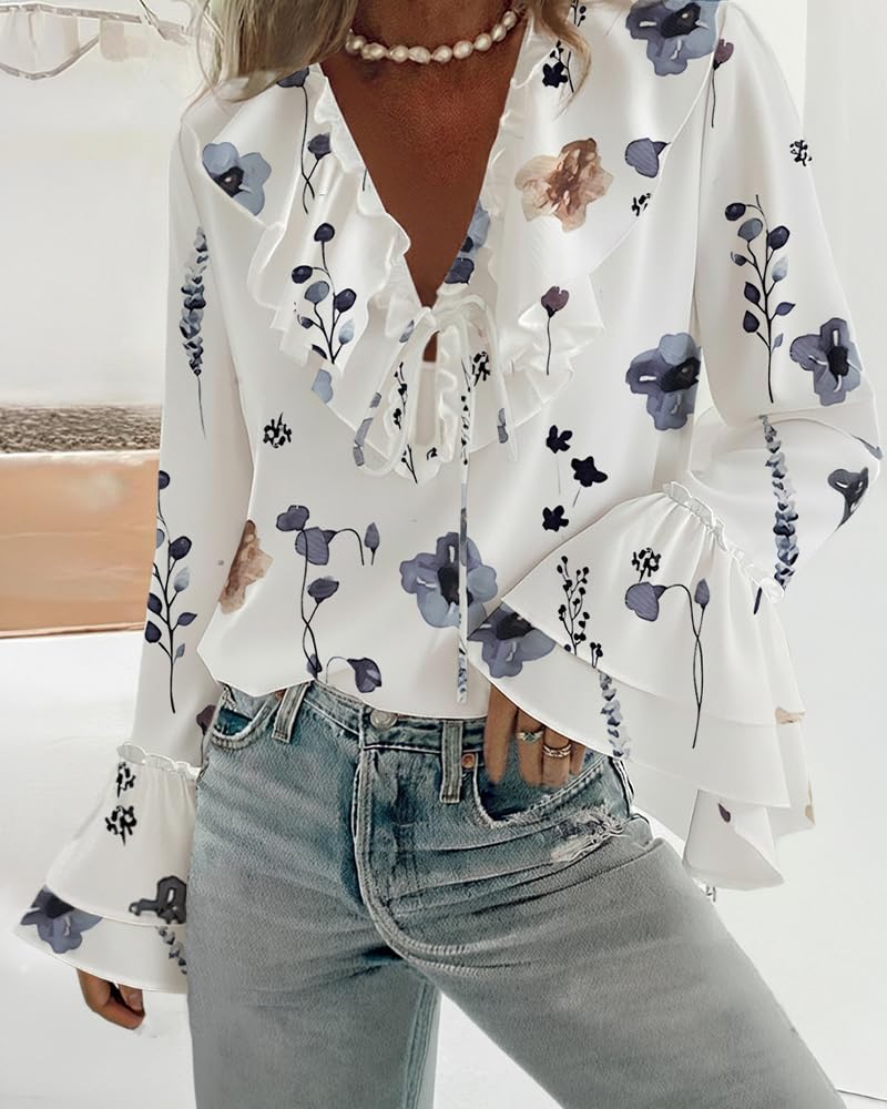 Women Floral Print Lace Up Bell Sleeve Ruffle V Neck Loose Fit Casual Daily Wear