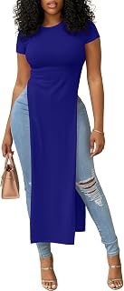 OPOIPIN Women's Crew Neck Split Slit Hem Short Sleeve Slim Fit Tee Top Long Shirt Tunic