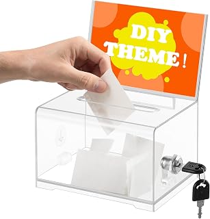 Donation Box with Lock,Suggestion Box with Sign Holder，Clear Ballot Box for Fundraising, Raffle, Tip Jar, School Voting