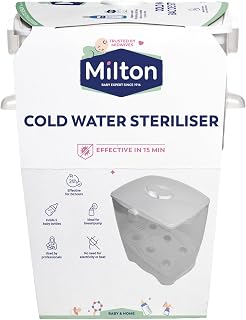 Milton Cold Water Steriliser, Kills 99% of Germs, Sterilises in 15 Minutes | Kills 99% of Germs, Sterilises in 15 Minutes, Fits up to 6 Standard Baby Bottles, Used by Healthcare Professionals, White